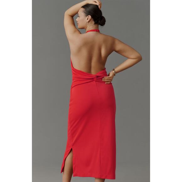 Anthropologie NWT Cherry Tomato Orange-Red Slinky Halter Midi Dress Size XL - Picture 2 of 11